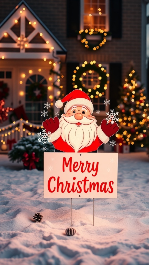 Christmas Card Yard Sign Design A colorful Christmas yard sign with Santa and snowflakes in a snowy yard.